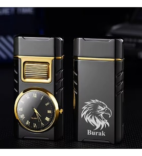Kişiye Özel İsimli Kartal Baskılı Metal Rüzgar Geçirmez Saatli Gazlı Tasarım Çakmak (Siyah)