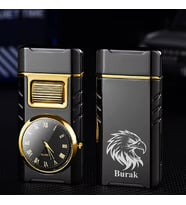 Kişiye Özel İsimli Kartal Baskılı Metal Rüzgar Geçirmez Saatli Gazlı Tasarım Çakmak (Siyah)