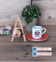 Sevimli Panda Türk Kahvesi Fincanı Ahşap Altlıklı ve Fotoğraflı Ahşap Anahtarlık Hediye (Model 8)