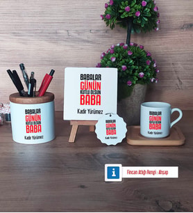 Babalar Günü Hediyesi Hediye Seti Dekoratif Taş, Kalemlik, Ahşap Altlıklı Türk Kahvesi Fincanı, Ahşap Anahtarlık Hediye Babaya Hediye (Model 1)
