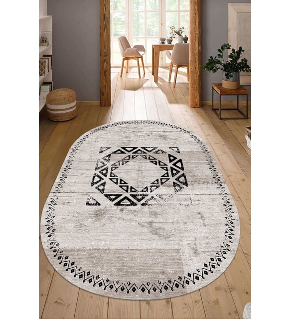Dijital Baskılı Kaymaz Taban Yıkanabilir Oval Salon Halısı Mutfak Halısı Yolluk NDO-SD-1051 (Krem)