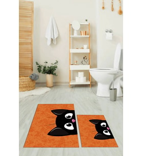 EVDEYA Baskılı Yıkanabilir Kedi Desenli İkili Banyo Halısı Paspas Klozet Takımı, KLOZET-40-GRİ, (Turuncu)
