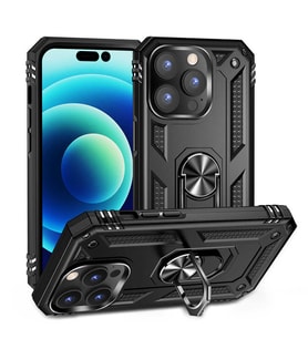 Apple iPhone 14 Pro Max Uyumlu Kılıf Standlı Manyetik Yüzüklü Military Magnetic Ring Polycarbonate and TPU Case (Siyah)