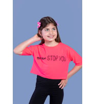 Toontoy Kız Çocuk Baskılı Düşük Kol Crop Tişört (Fuşya)
