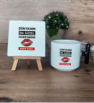 Dünyanın En Güzel Öğretmeni Hediye Seti Kupa Bardak T Kulplu ve Dekoratif Taş Öğretmenler Günü Hediyesi (Model 6)