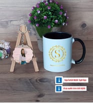 Gold Baş Harf Kupa Bardak Beyaz ve Fotoğraflı Ahşap Anahtarlık Hediye (Model 11)