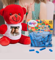Kişiye Özel Peluş Kırmızı Ayıcık Ve Renkli Micro Blocks Lego (Mavi)
