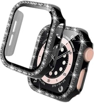 Apple Watch 44mm Ekran Koruyuculu Tek Sıra Kenar Taşlı Sert PC Kasa Koruyucu (Siyah)
