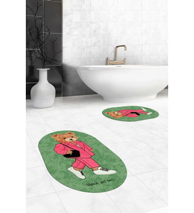 EVDEYA Dijital Yıkanabilir Ayıcık Desen İkili Banyo Halısı Paspas Oval Klozet Takımı, OKLOZET-34-GRİ, (Yeşil)