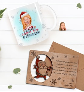 BK Gift Kişiye Özel Mutlu Yıllar Karikatürlü Kupa Bardak ve Retro Ahşap Yılbaşı Tebrik Kartı Hediye Seti-4 (Turuncu)