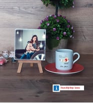 Anneye Hediye Fotoğraflı Dekoratif Taş, Ahşap Altlıklı Türk Kahvesi Fincanı Hediye (Model 8)