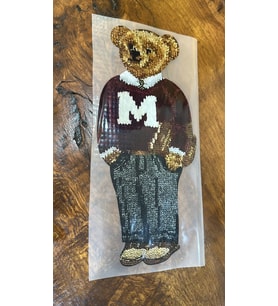 ÜTÜ İLE YAPIŞAN M HARF KAZAKLI AYI ARMA TRANSFER BASKI 31X14 CM (Bordo)