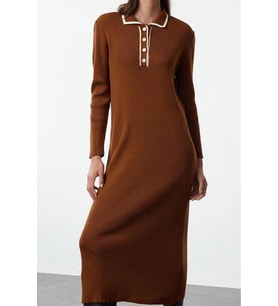 Moda Stil Fitted Polo Yaka Maxi Boy Tesettür Yakası Biyeli Triko Elbise (Kahverengi)