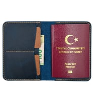 Minimalim Leather Craft El Yapımı Hakiki Deri Pasaport Cüzdan Kılıfı Seyahat Cüzdanı (Mavi)