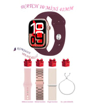 Samsung Galaxy M20 Uyumlu Açık Mavi Akıllı Saat Watch 10 Mini Kordon Hediyeli AMOLED EKRAN 41MM (Bordo-Pembe)