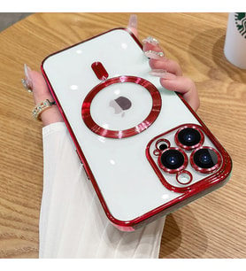 Uyumlu Model Apple iPhone 13 Pro Max Kılıf Magsafe Kamera Lensli Korumalı Şeffaf Silikon Kapa (Kırmızı)