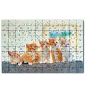Cakapuzzle Koltukta Yanyana Sarı Beyaz Renkli 5 Kedi Puzzle Yapboz MDF (Ahşap) (255 Parça)
