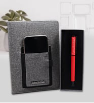 Kişiye Özel Telefon Cepli Gri Defter & Mat Roller Kalem Hediye Seti (Kırmızı)
