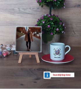 Öğretmenler Günü Hediyesi Fotoğraflı Dekoratif Taş, Ahşap Altlıklı Türk Kahvesi Fincanı Hediye (Model 3)