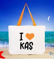 BK Gift I Love Kaş Renkli Kulp Kanvas Plaj Çantası 48x40m, Baskılı Omuz Çantası, Alışveriş Çantası (Turuncu)