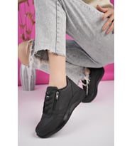 Muggo ASİA Garantili Kadın Ortopedik Günlük Bağcıklı Yandan Fermuarlı Rahat Sneaker Spor Ayakkabı (Siyah)