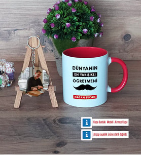 Erkek Öğretmene Hediye Kupa Bardak Beyaz ve Fotoğraflı Ahşap Anahtarlık Hediye (Model 2)