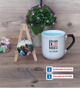 Babalar Günü Hediyesi Kupa Bardak Beyaz ve Fotoğraflı Ahşap Anahtarlık Hediye (Model 10)