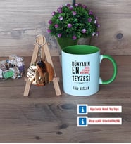 Teyzeye Hediye Kupa Bardak Beyaz ve Fotoğraflı Ahşap Anahtarlık Hediye (Model 14)