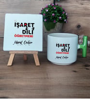 İşaret Dili Öğretmeni Hediye Seti Kupa Bardak T Kulplu ve Dekoratif Taş Öğretmenler Günü Hediyesi (Model 8)