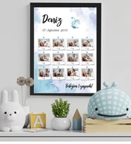 Kişiye Özel 12 Fotoğraf Baskılı-Mesajlı Mavi Bebek Tasarımlı Fotoğraf Çerçevesi (Beyaz)