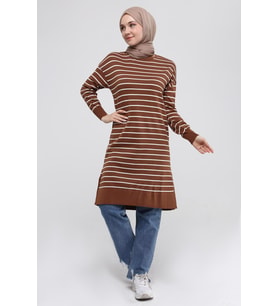 Kadın Çizgili Uzun Triko Tesettür Tunik 4355 (Taba)