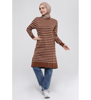 Kadın Çizgili Uzun Triko Tesettür Tunik 4355 (Taba)
