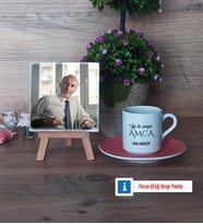 Amcaya Hediye Fotoğraflı Dekoratif Taş, Ahşap Altlıklı Türk Kahvesi Fincanı Hediye (Model 6)