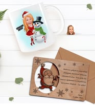 BK Gift Kişiye Özel Mutlu Yıllar Karikatürlü Kupa Bardak ve Retro Ahşap Yılbaşı Tebrik Kartı Hediye Seti-1 (Turuncu)