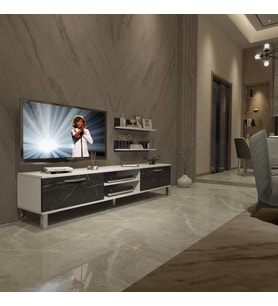 Decoraktiv Eko 4 Mdf Dvd Krom Ayaklı Tv Ünitesi Tv Sehpası (Beyaz - Siyah Mermer)