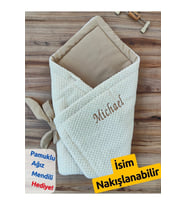 Isme Özel Nakışlı Bebek Battaniyesi Hastane Çıkışı Bebek Kundağı Yenidoğan Hediyelik Mevlütlük KND45454 (Ekru)