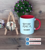 Amcaya Hediye Kupa Bardak Beyaz ve Fotoğraflı Ahşap Anahtarlık Hediye (Model 2)