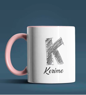 Kişiye Özel K Harfi Temalı Kara Kalem Tasarım Siyah Renk Kupa (Pembe)