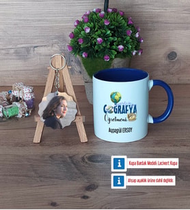 Coğrafya Öğretmeni Kupa Bardak Beyaz ve Fotoğraflı Ahşap Anahtarlık Hediye Öğretmenler Günü Hediyesi (Model 3)