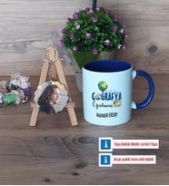 Coğrafya Öğretmeni Kupa Bardak Beyaz ve Fotoğraflı Ahşap Anahtarlık Hediye Öğretmenler Günü Hediyesi (Model 3)