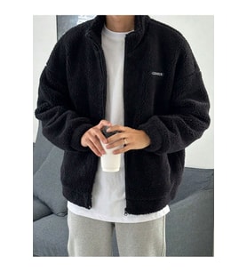 Oversize Peluş Tam Fermuarlı Sweatshirt Peluş İçi Polarlı Sherpa Kumaş Sweatshirt (Siyah)