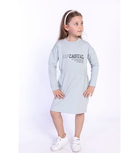 Toontoy Kız Çocuk Bel Lastikli Casual Yazı Baskılı Elbise (Yeşil)