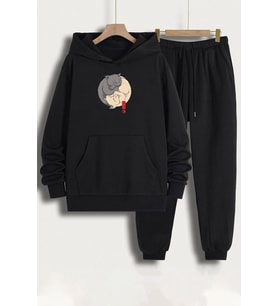 Unisex Shinobi Kedi Baskılı Eşofman Takımı (Siyah)
