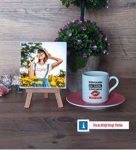 Kadın Öğretmene Hediye Fotoğraflı Dekoratif Taş, Ahşap Altlıklı Türk Kahvesi Fincanı Hediye (Model 6)