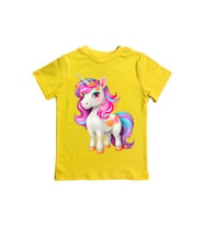 Unicorn baskılı pamuklu penye kumaş yazlık çocuk tişört (Sarı)