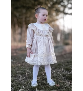 Kız Bebek Elbise Kız Çocuk Elbise Doğum Günü Parti Düğün Elbise Uzun Kol Astarlı Dantelli Bebek Giyim (Krem)