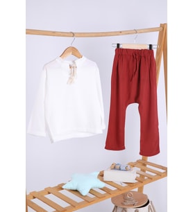 Babyhola Pamuk Bluz Keten Pantolon Kız Çocuk Salaş Takım 1112 (Kiremit)