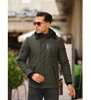 Outdoor Kapüşonlu Su Ve Rüzgar Geçirmez Kapitone Içi Kürklü Elyaf Dolgulu Şişme Softshell Mont (Haki)
