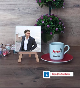 Memur Fotoğraflı Dekoratif Taş, Ahşap Altlıklı Türk Kahvesi Fincanı Hediye (Model 3)