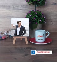 Memur Fotoğraflı Dekoratif Taş, Ahşap Altlıklı Türk Kahvesi Fincanı Hediye (Model 3)